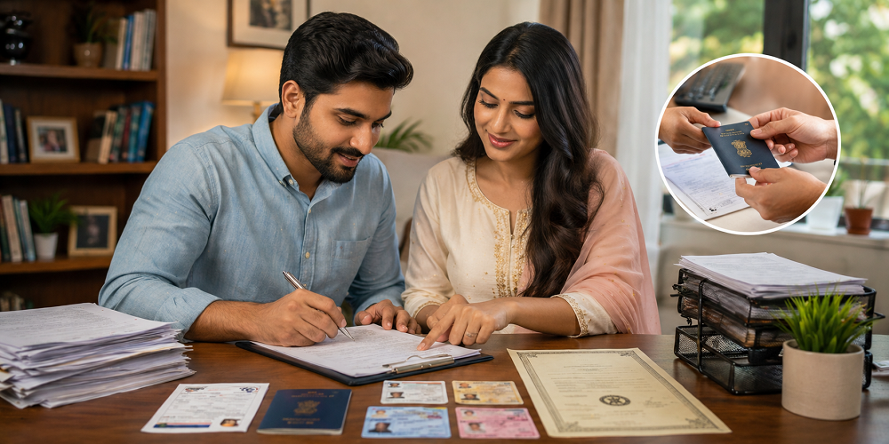 Woman updating surname on official documents after marriage with passport, ID cards, and legal paperwork on desk. 